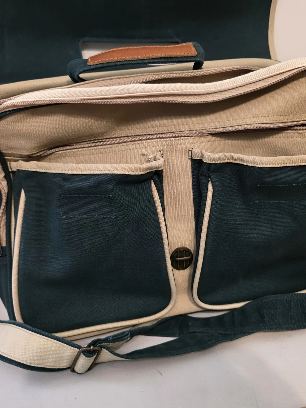 Dark Green Canvas Messenger Bag with Cream Trim